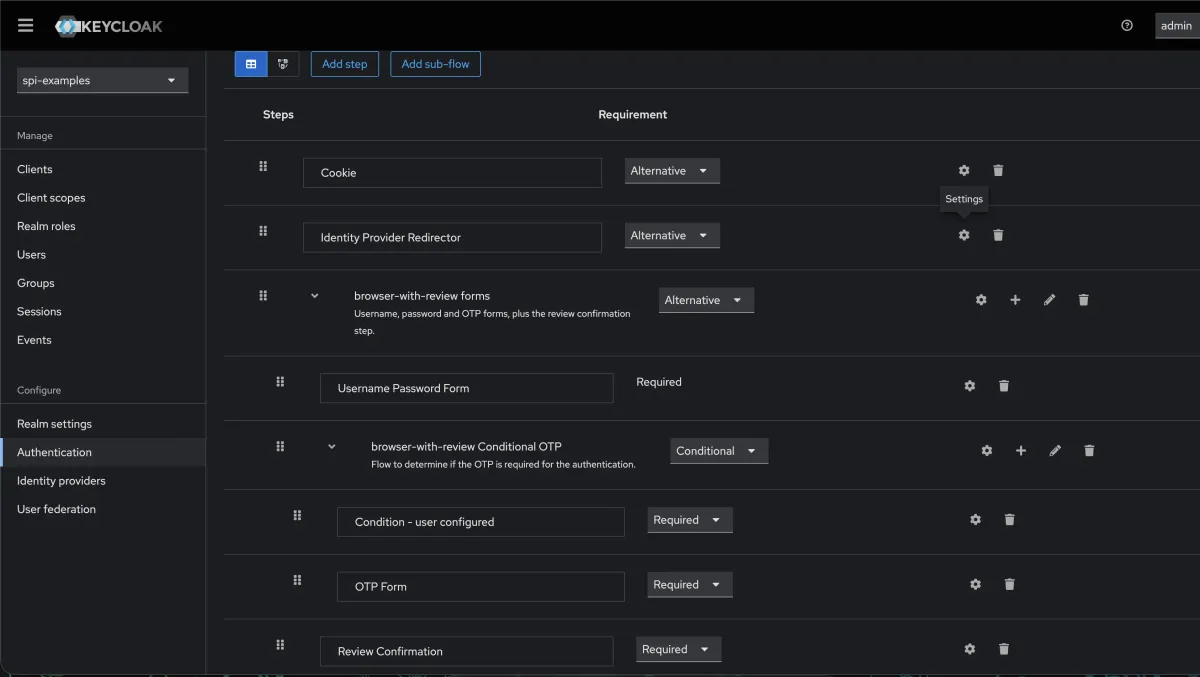 Keycloak admin console authentication flow view showing the Review Confirmation step added as REQUIRED, with the copied flow bound as the browser flow.