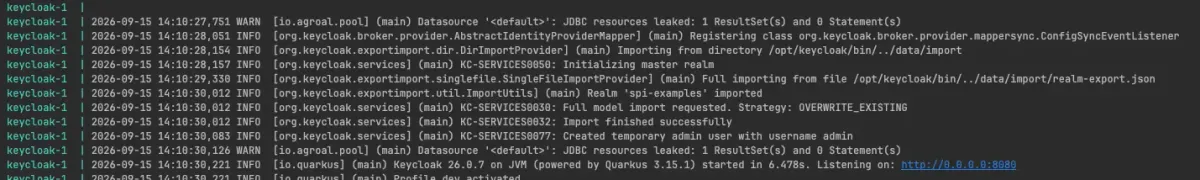 Terminal screenshot showing mvn package output followed by Keycloak container startup logs confirming the custom provider is registered.