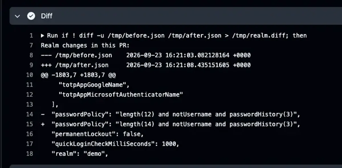 Terminal screenshot of CI output showing a realm diff surfacing an undeclared change.