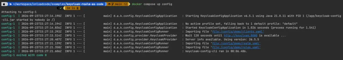 Terminal screenshot of docker compose up showing config-cli connecting to Keycloak, importing the realm, and exiting 0.